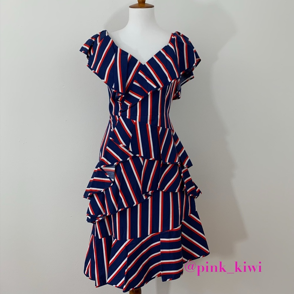 Alice + Olivia Laflora Asymmetrical Striped Ruffle Dress